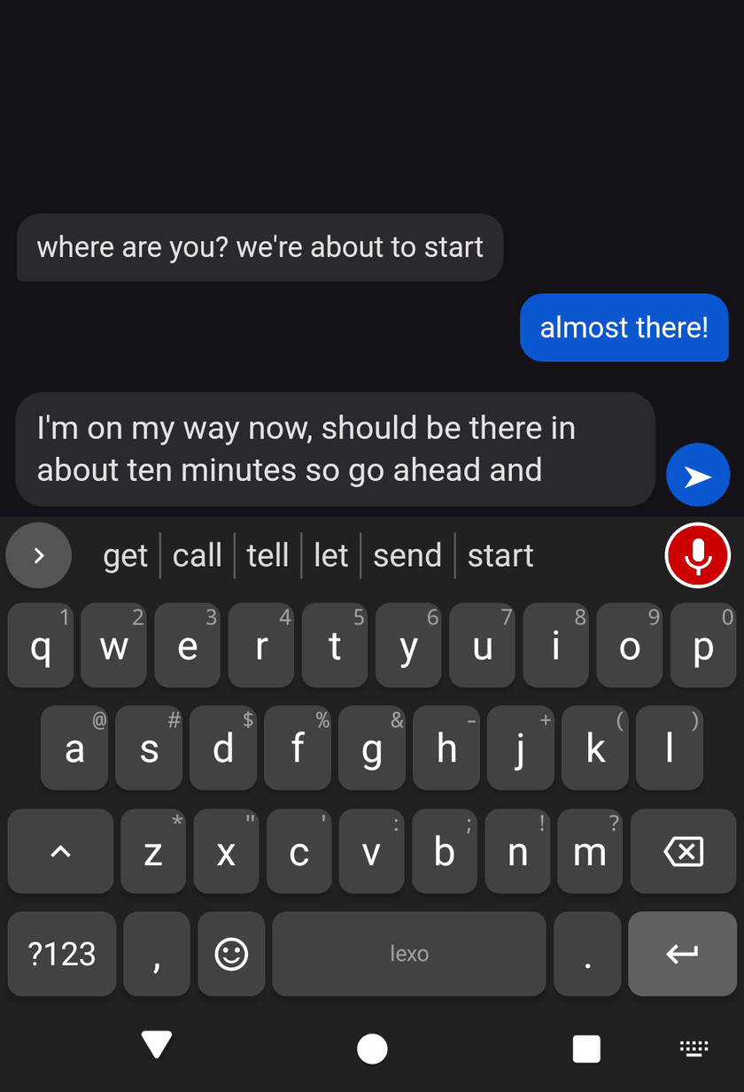 Lexo dictating: the mic key is recording and speech is landing in the text field as a punctuated sentence