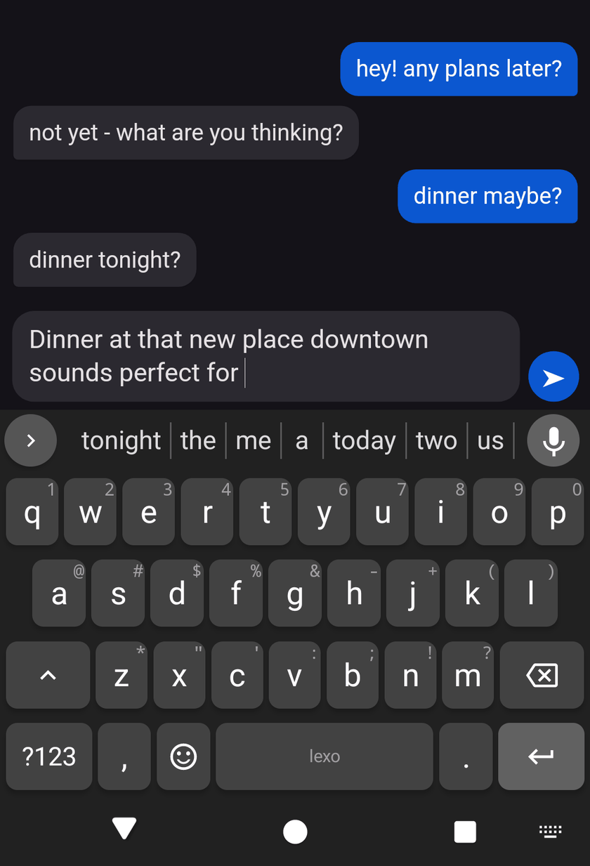 Lexo in dark theme, suggesting the next word of an unfinished message